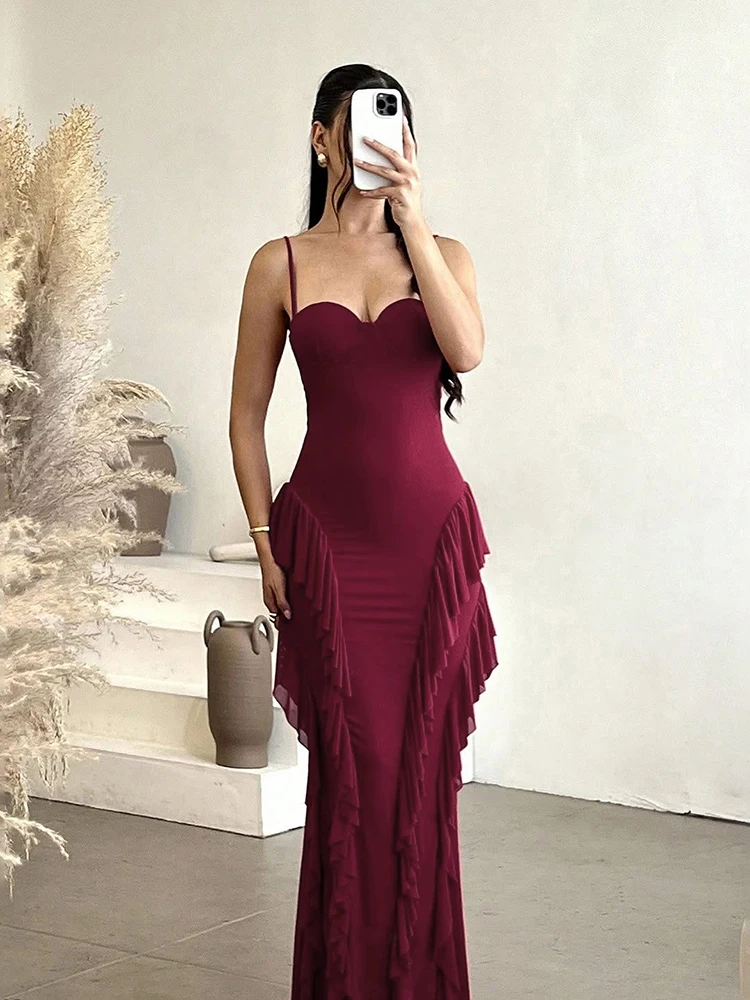 Kliou Mesh Rüschen Quasten Maxikleid Damen Tiefer Ausschnitt Ärmellos Rückenfrei Figurbetont Pfirsichfarben Hüftbetont Mitternachtsparty Elegantes Langes Bodycon-Kleid