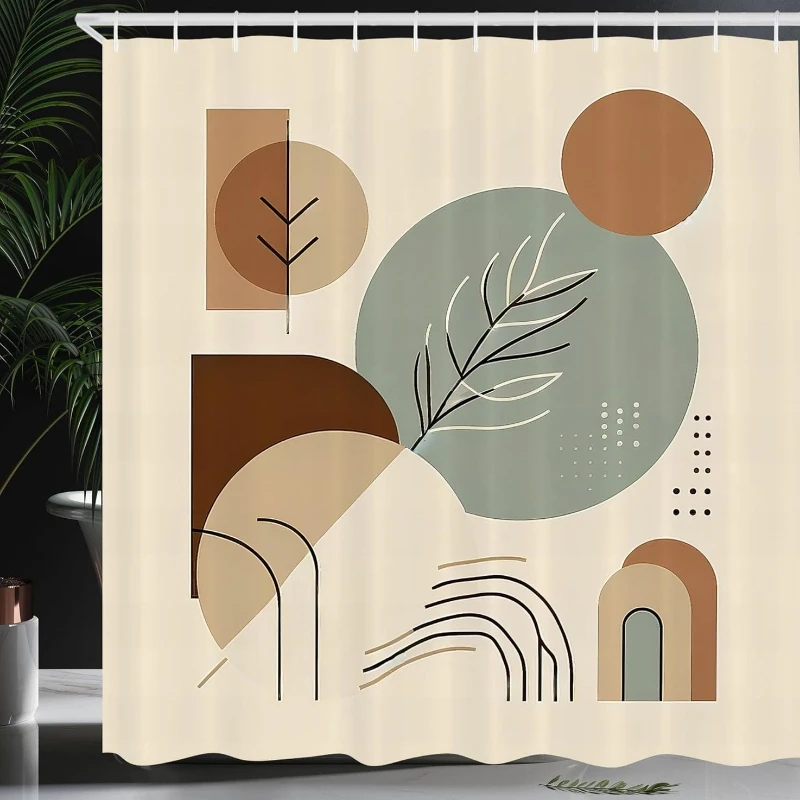 Modern Shower Curtain, Mid Century Boho Minimalist Roundy Shapes Arch Sun and Leaves Abstract, Cloth Fabric Bathroom Decor Set