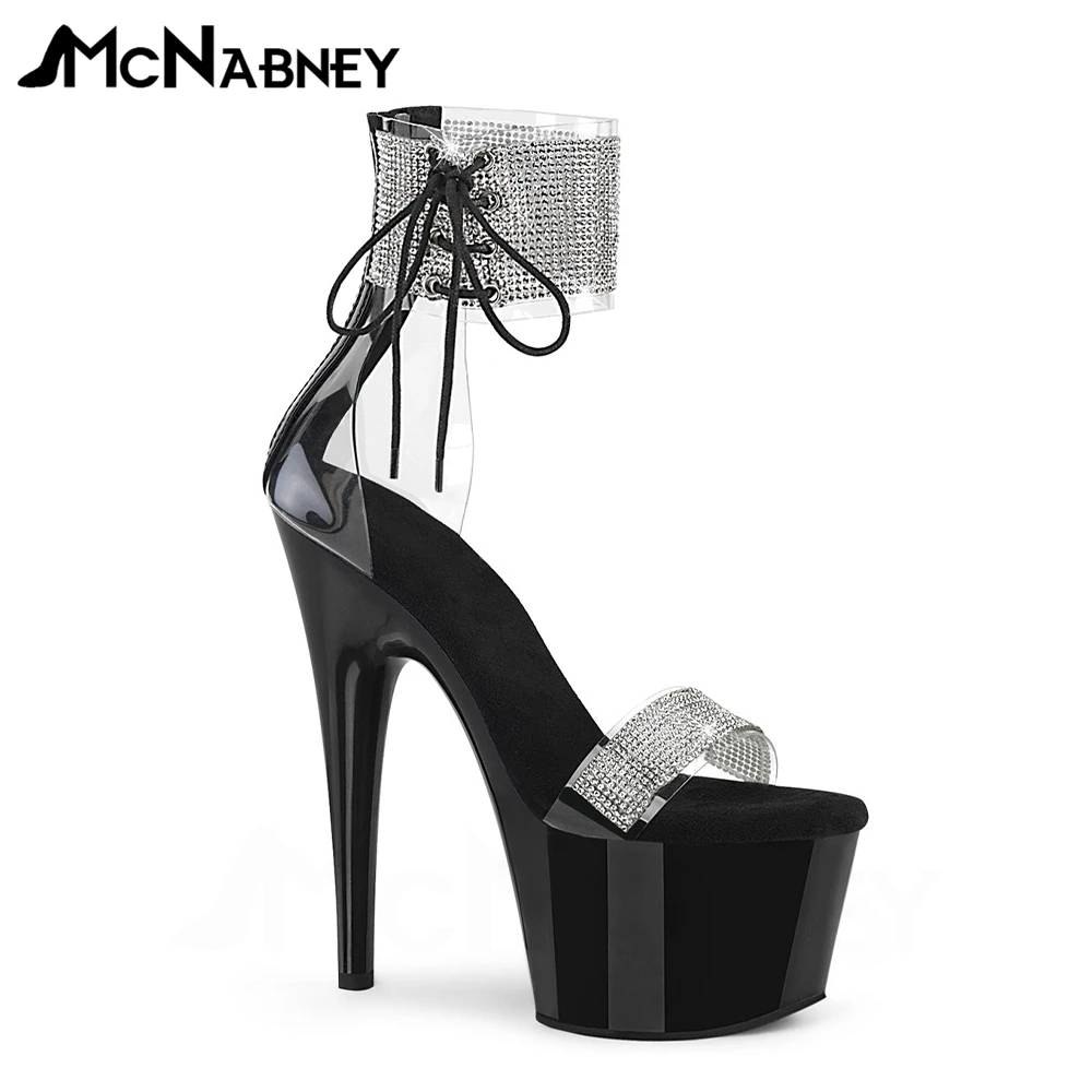 Rhinestone Ankle Cuff Sandals Clear High Heeled Platform Pole Dancing Sandals Ankle Straps Open Toe Stiletto Women Summer Shoes