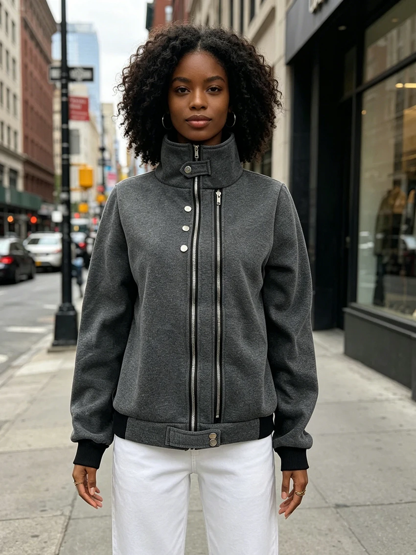 

Vintage Gothic Female High Collar Sweat Jacket Double Zippers Button Decoration Color Block Cuffs Casual Streetwear Short Jacket