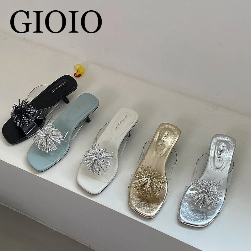 

GIOIO Designed Transparent Women Slippers Crystal Shoes New Summer Y2K Square Heels Pumps Slides Sandals Ladies Slippers Shoes