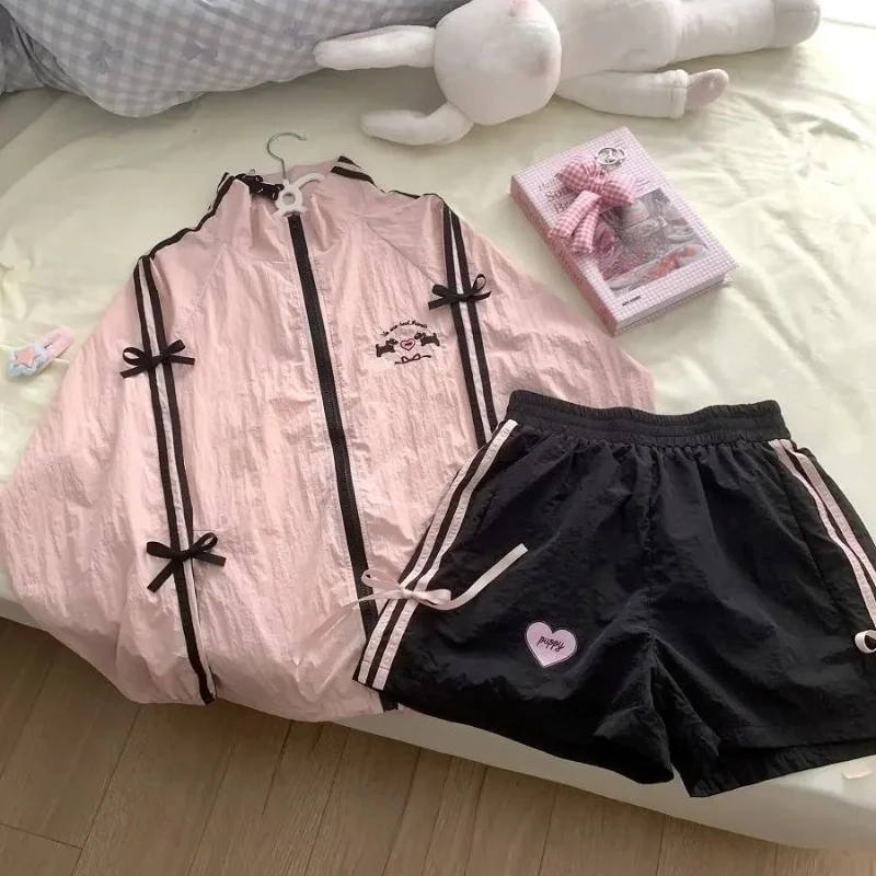

Sweet Thin Sportwear Tracksuit Sunscreen Clothing Japanese Kawaii 2 Piece Sets Women Y2k Tops Hoodie Jackets + Shorts Subculture