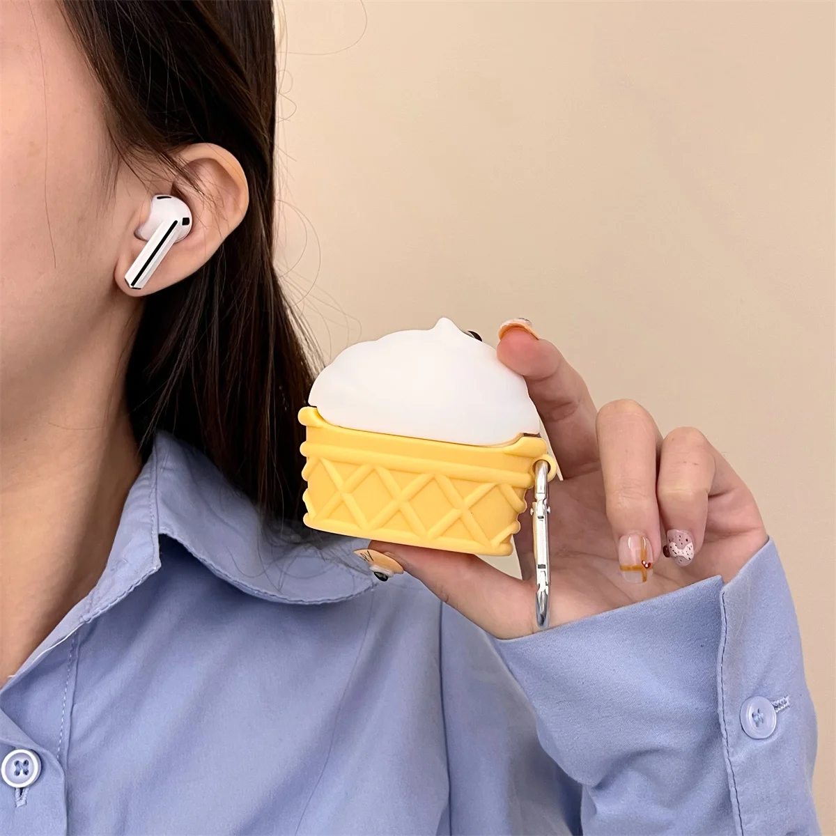 غطاء سماعة رأس إبداعي بتصميم مخروط الآيس كريم مع خطاف ، غطاء لسامسونج جالاكسي براعم 3 ، براعم 3 برو ، لطيف ، من من من من من الخارج