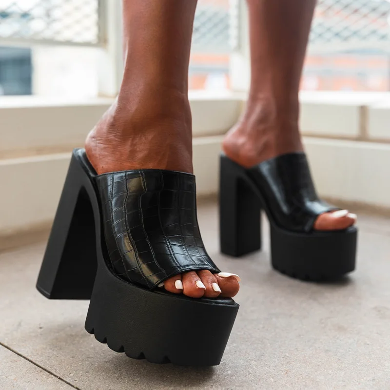 

Square heel Shoes Low Peep Toe Woman's Slippers Platform Big Size Slides Block 2024 Summer Rome Hoof Heels PU Rubber Fabric