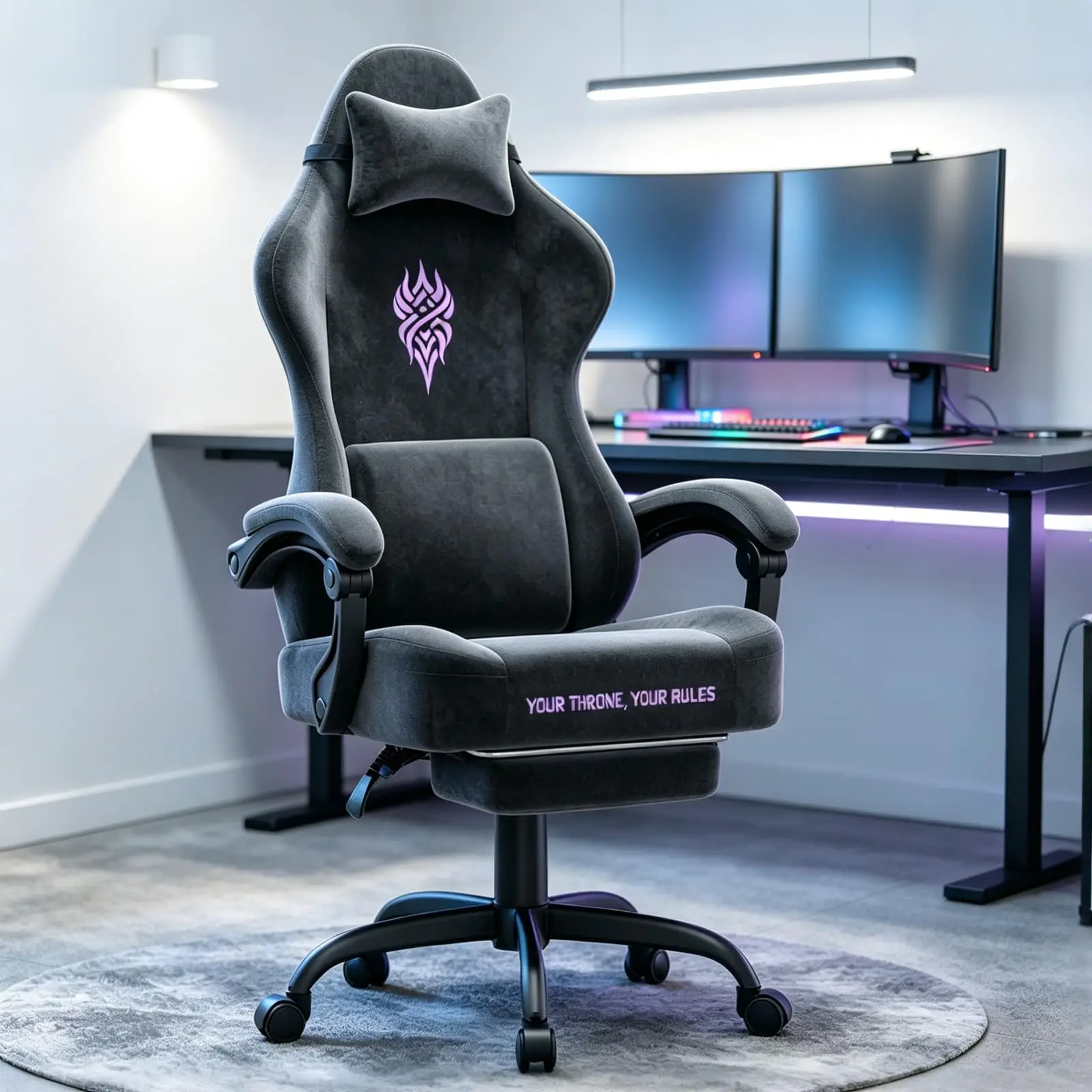 Purple and Black Velvet Fabric Gaming Chair for Adult, Ergonomic Comfortable Video Gamer Chair with Footrest, Reclining