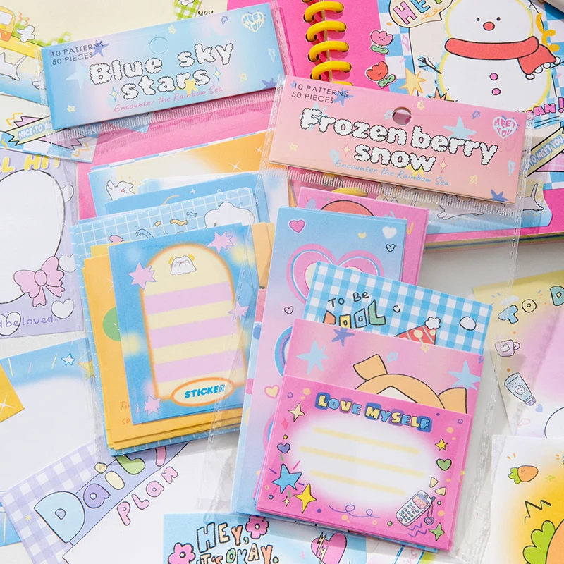 50 PCS Kawaii Cartoon Strawberry INS Sticky Notes Memo Pad Cute Message N Times Sticky Office Stationery Supply Journal Planner