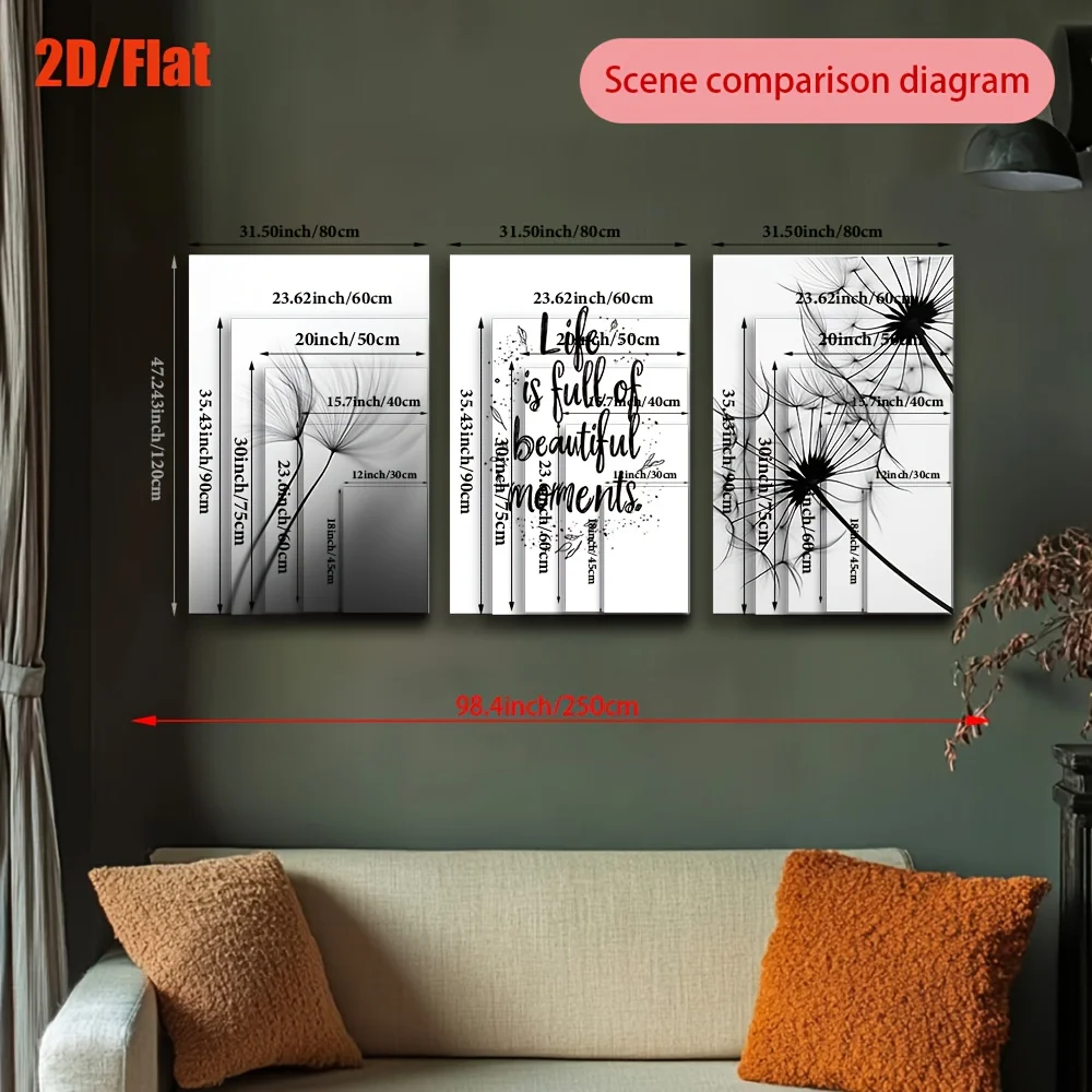 3 قطع/مجموعة، لوحة قماشية بدون إطار ثنائية الأبعاد/المسطحة، الهندباء الأبيض والأسود، لوحة مختلطة، غرفة المعيشة، ديكور المكتب، فن الحائط، السرير #6