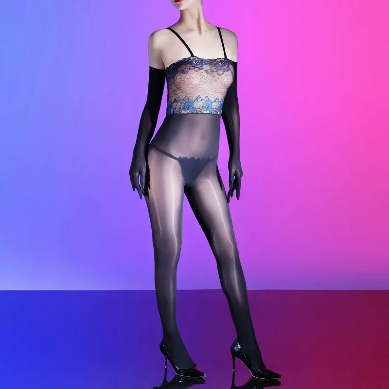 Donne Sexy Tubo Top Bretelle Bodystockings Moda Patchwork di pizzo Olio lucido Calze Ultra sottile trasparente con apertura sul cavallo Tuta
