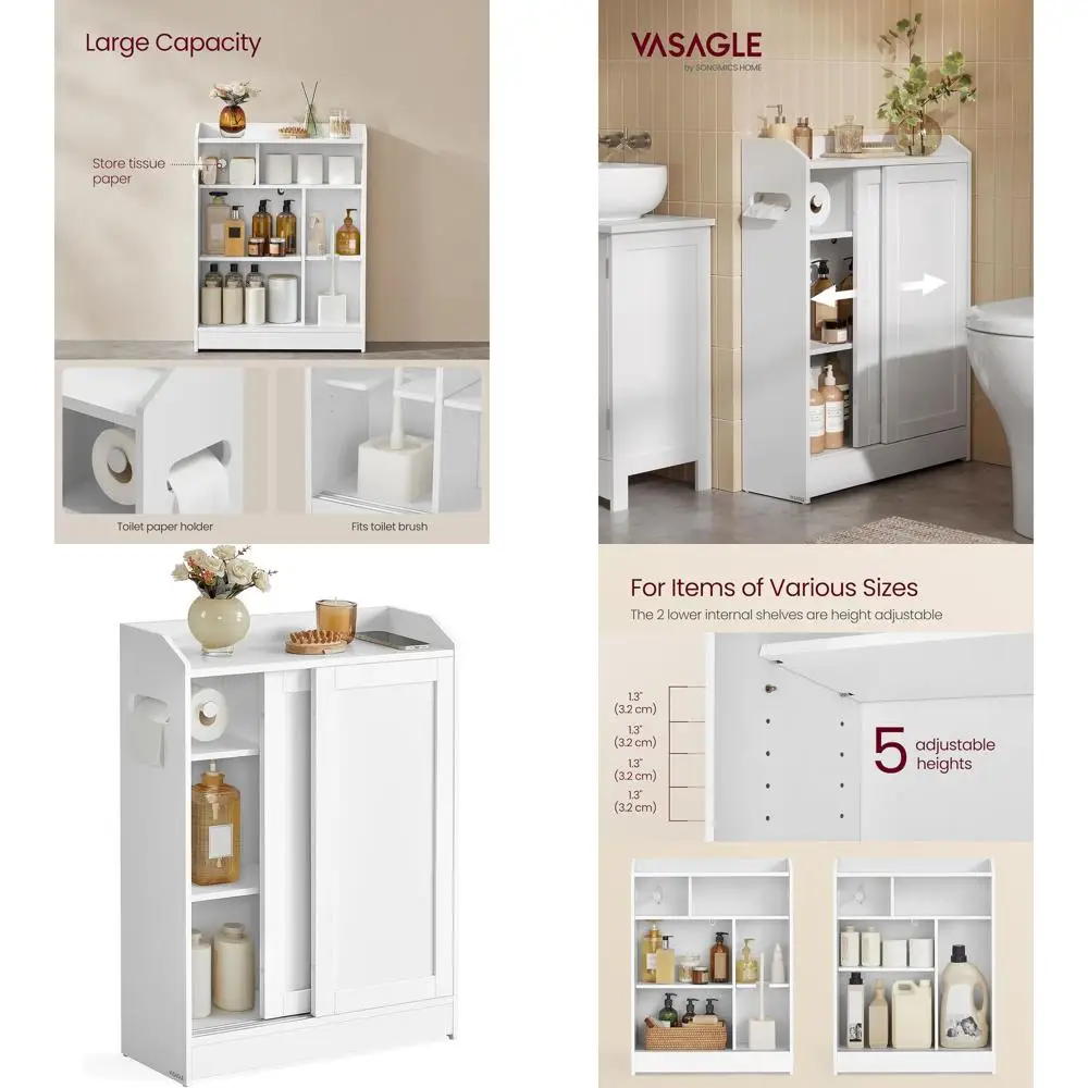 Space-Saving Slim Cabinet with Sliding Door, Toilet Paper Holder, and Brush Compartment, 7.9x23.6x31.5, Cloud White U752W01