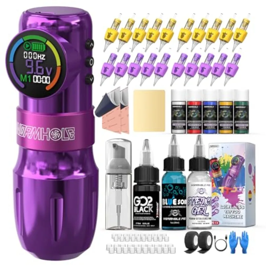 

Wireless Tattoo Gun Kit with Digital LED Display 1 500 mAh Battery Purple Tattoo Pen Kit 20Pcs Needles Normal/Jump-Start/Dot Mo