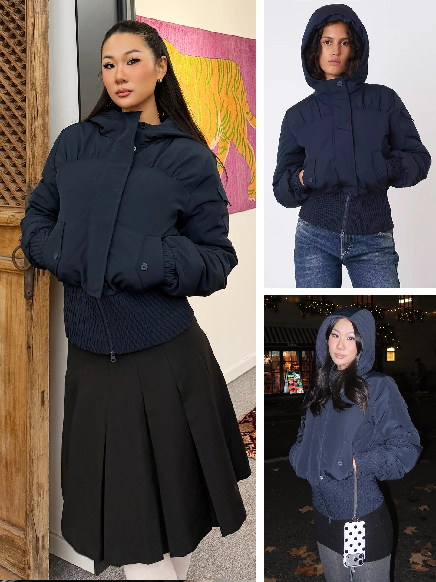 

Peachy Day Vintage Indigo Hooded Waist-Cinching Du down Jaet Pleated 3D Cut Sve 90 Du Feather Women's Commute Sle