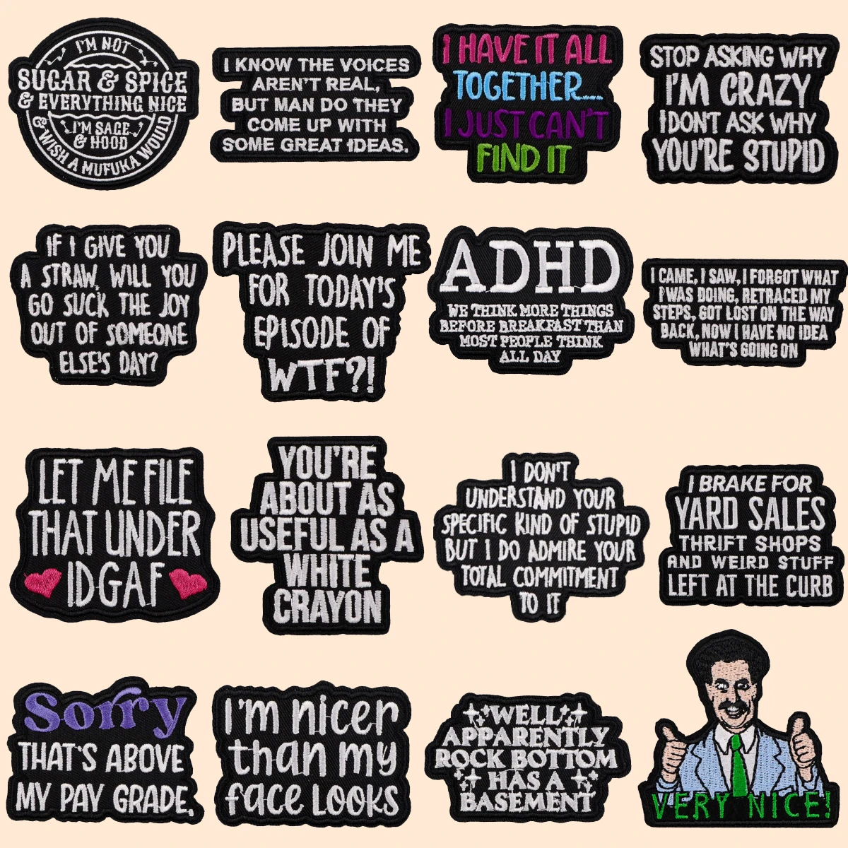 VERY NICE Patches On Clothes ADHD Embroidered Patches Funny Quotes Sew Badges Iron On Patch DIY Clothing Accessories