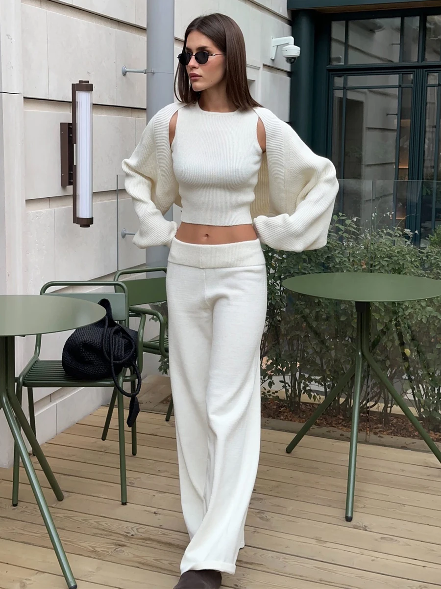 Bornladies Women's Knitted Three Piece Round Neck Sleeveless Vest Cardigan and Wide Leg Pants Set Minimalist Daily Wear