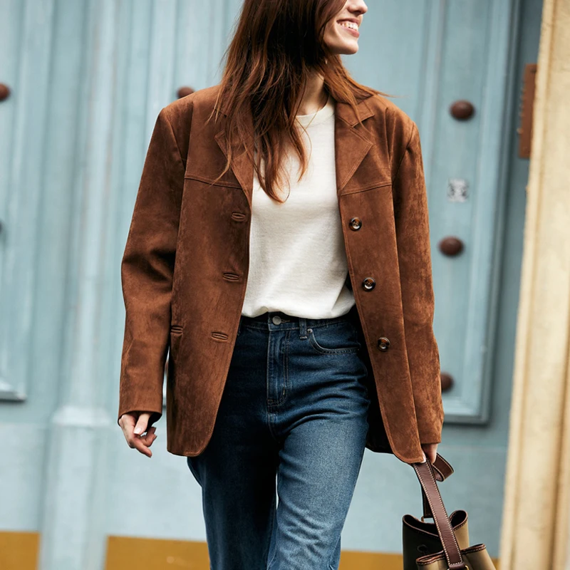 

100% Lambskin Leather Jacket Women 2024 Fall Retro Brown First Layer Suede Kid Leather Blazer Coat Female Casual Loose Jackets