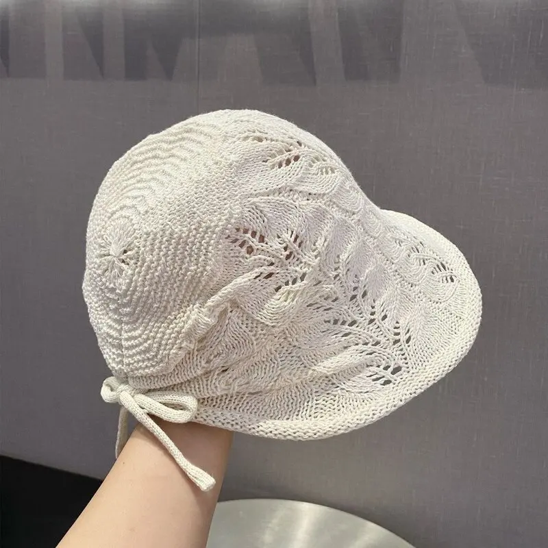 Women's Knitted Fisherman Hat with Hollow out  Knot Breathable Spring Summer New Style Small Face Effect Hat