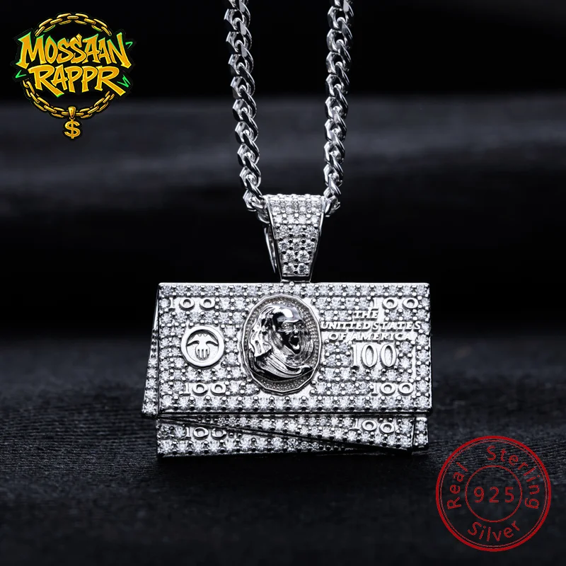 

MossanRappr 1.9cttw Moissanite Iced out Dollar Bill Pendant Money Necklace 925 Sterling Silver Men's Rock Punk Hip Hop Jewelry
