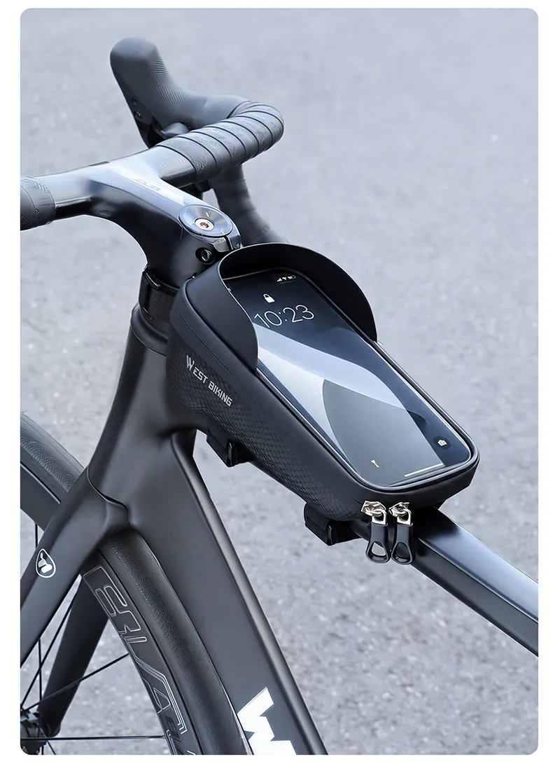 WEST BIKING Touchscreen-Fahrradtasche für Handys, wasserdichte Hartschalen-Oberrohrtasche für Straßen- und Mountainbikes mit dreifach stabilem Haken – Detail 11