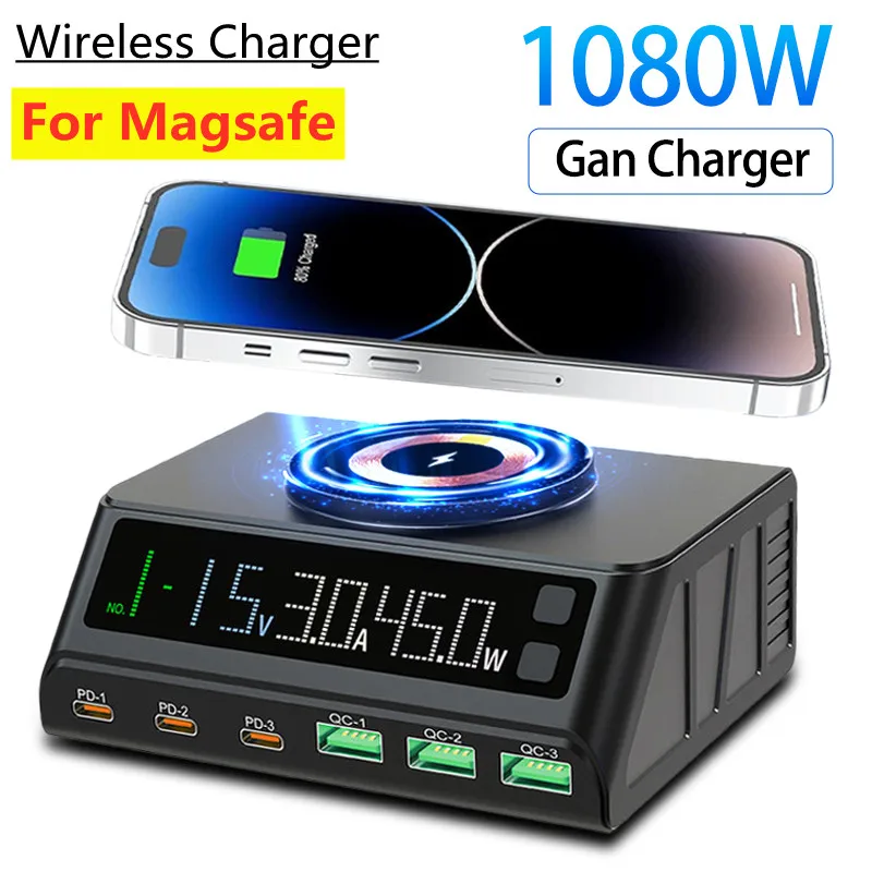 1080 واط USB C GaN شاحن شاشة ديجيتال 100 واط PD3.1 PPS QC3.0 محطة شحن لاسلكية مغناطيسية لأجهزة الكمبيوتر المحمول اللوحي جميع الهواتف