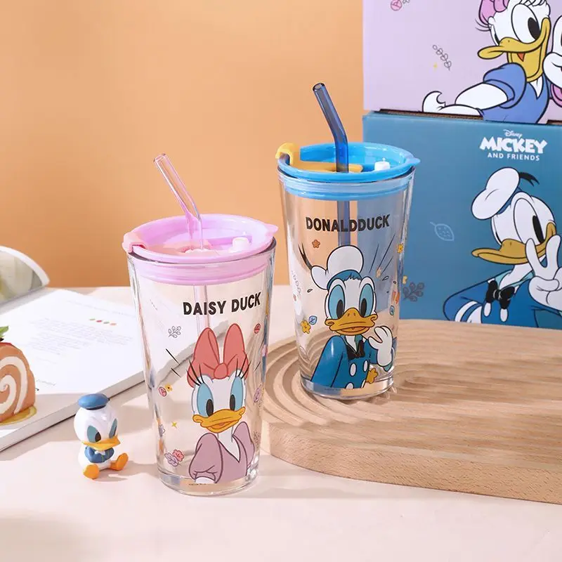 Disney series Winnie the Pooh Lotso Daisy Mickey Minnie Donald Duck cute creative cartoon pattern glass water cup with straw