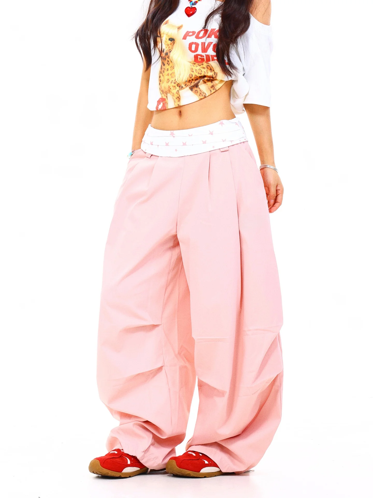 

Light Blue American Contrast Color Waist Folded Wide Leg Pants Women Loose Drapey Long Trousers High Waist Straight Leg Casua...