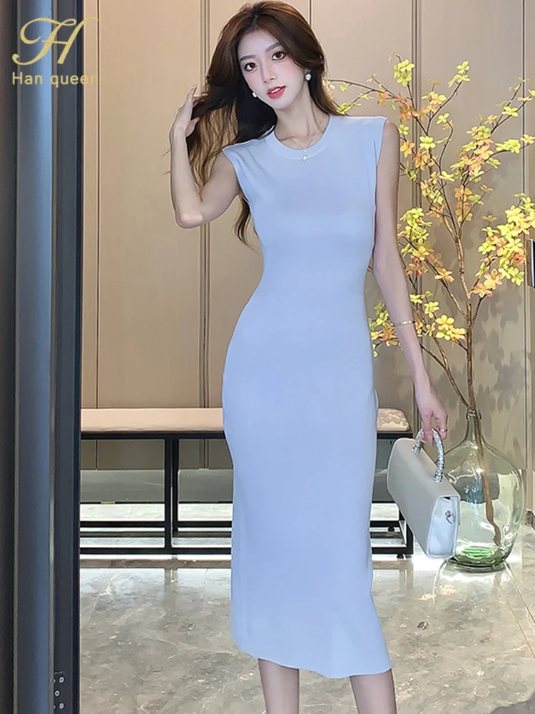 H Han Queen 2024 Summer Knitted Elegant Chic Dresses Women\'s Korean Retro Vestidos Fashion Sleeveless Office Party Casual Dress