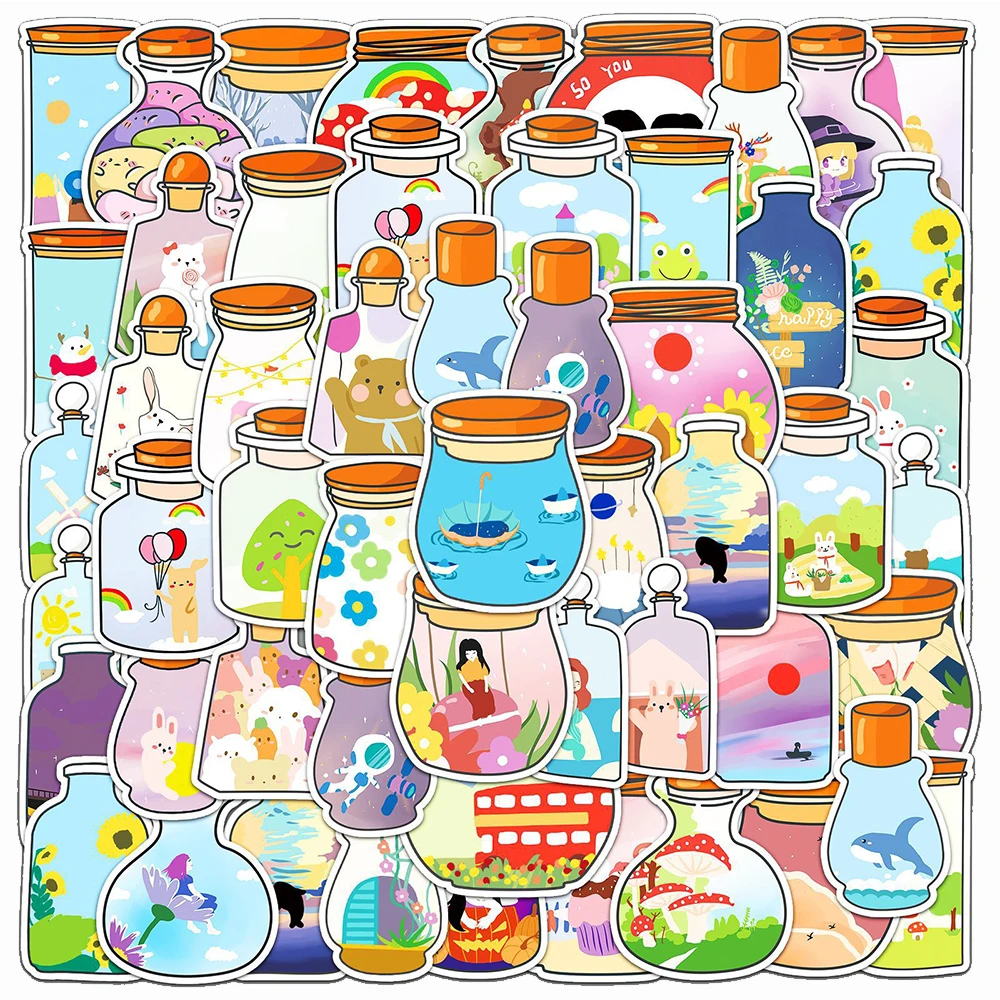 10/30/50pcs Cute Ins Style Cartoon Bottle World Stickers Kawaii Anime Graffiti Decals Scrapbook Luggage Phone Sticker Decoration