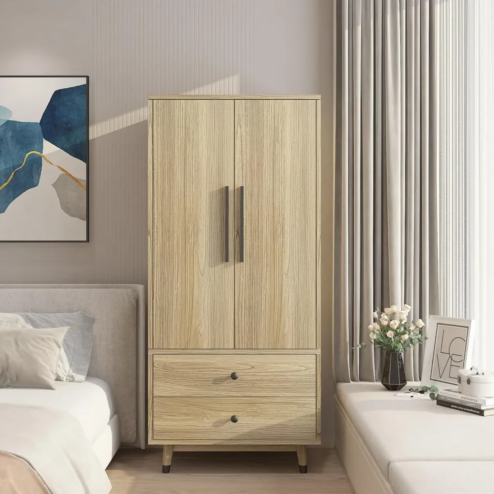 Armoire Wardrobe Closet 2-Door Storage Pantry Cabinet Modern Wood Closet with 2 Drawers, Hanging Rod