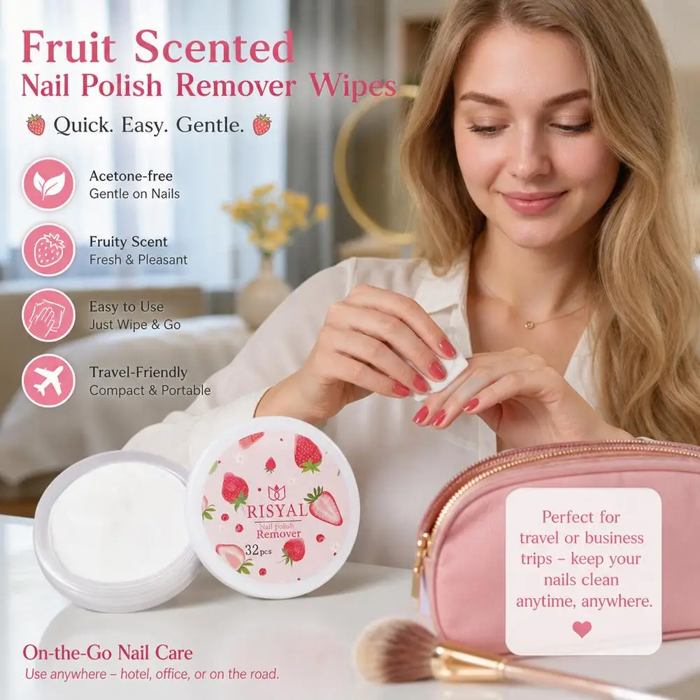 32pcs/Box Strawberry Nail Polish Remover Pads Fruity Scent Disposable Nail Polish Remover Wipes Moisturizing Nail Cleansing Pads view 6
