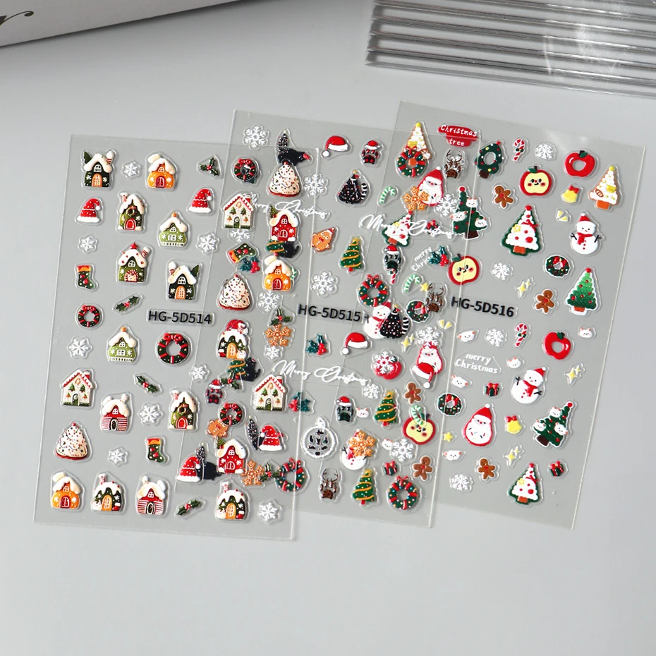 5D Reliëf Cartoon Kerstbomen Sneeuwbloemen Nail Sliders Kerst Huis Sneeuwpop Bedels voor Nail Kerstvakantie Nail Deco
