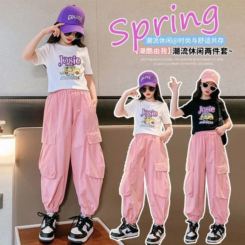 

Children Spring Casual Set Kids Autumn Fashion Suits Girls Cartoon T-Shirt+Cargo Pants 2Pcs 2024 New Teenager Trends Clothing