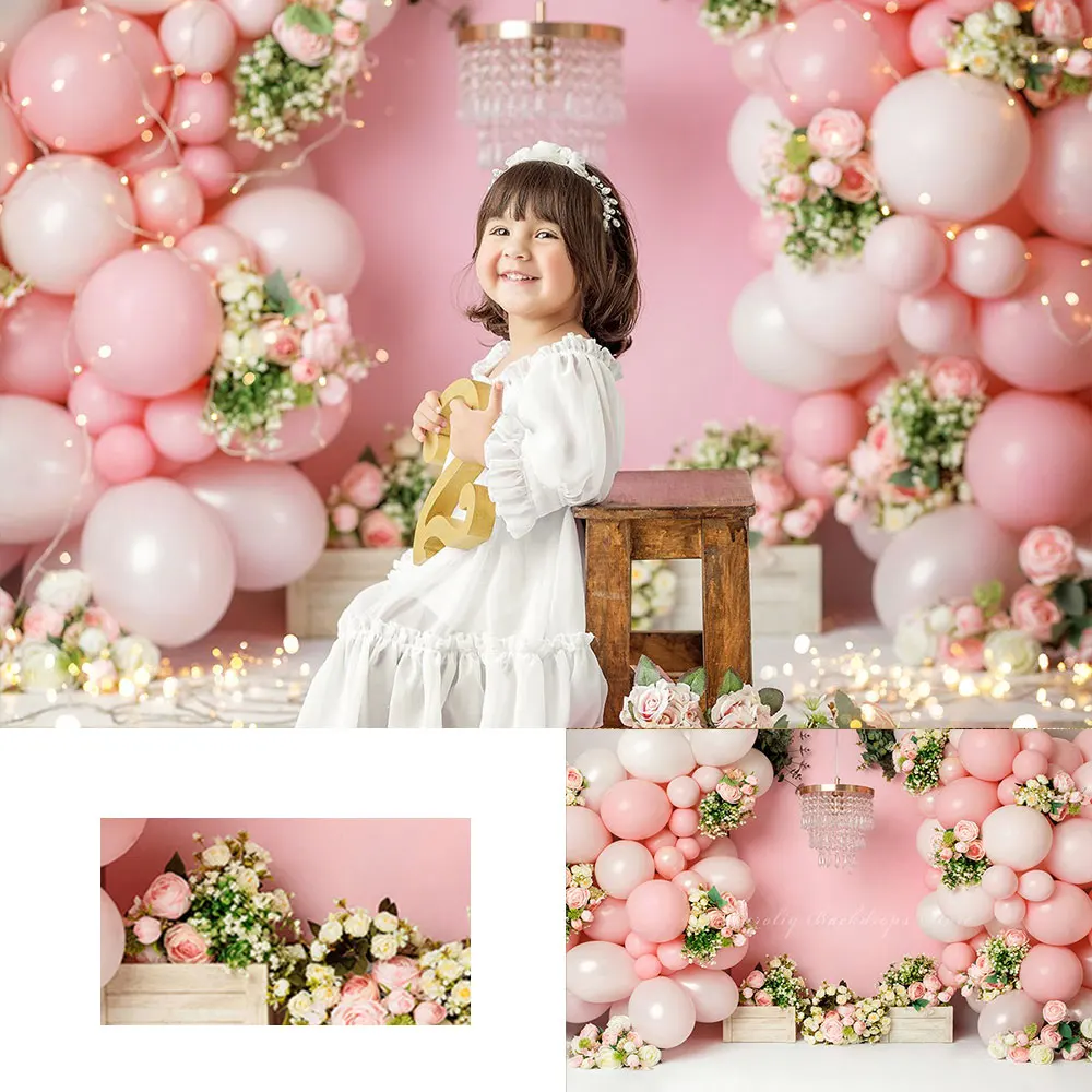 

Pink Floral Backdrop Kids Baby Cake Smash Photocall Decors Girls Princess Birthday Balloons Photography Props Studio Backgrounds