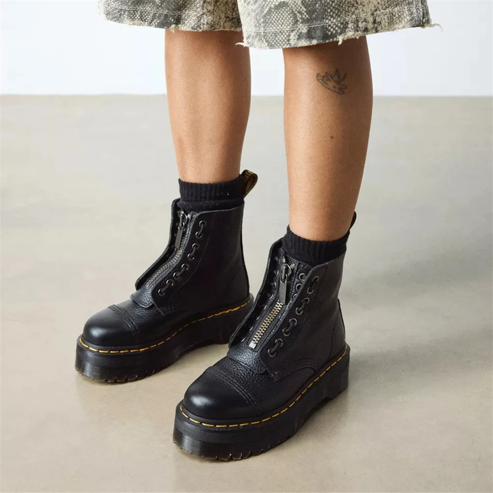 

Winter Women Ankle Boots Genuine Leather Platform Boots Motorcycle Shoes Front Zipper Optical Soles Fashion Sexy Punk Men Boots