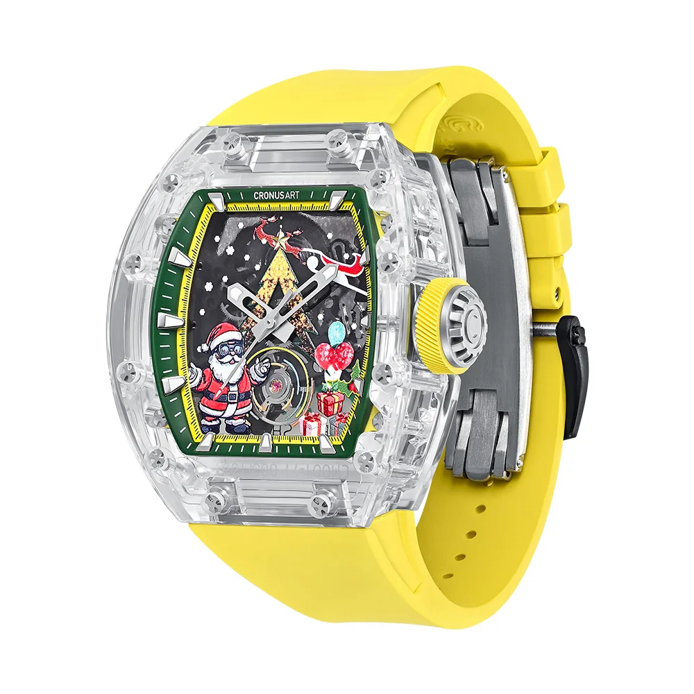 

CRONUSART Men Automatic Watch 50mm Tonneau Mechanical Wristwatch K9 Case Lumes Fluororubber Strap Skeleton Christmas Dial
