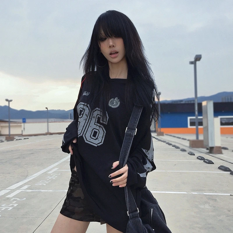 Karrcat Trashy Y2k Jersey Tops Grunge Aesthetics Number Print T-shirt Vintage 2000s Long Sleeve Streetwear American Retro 90s