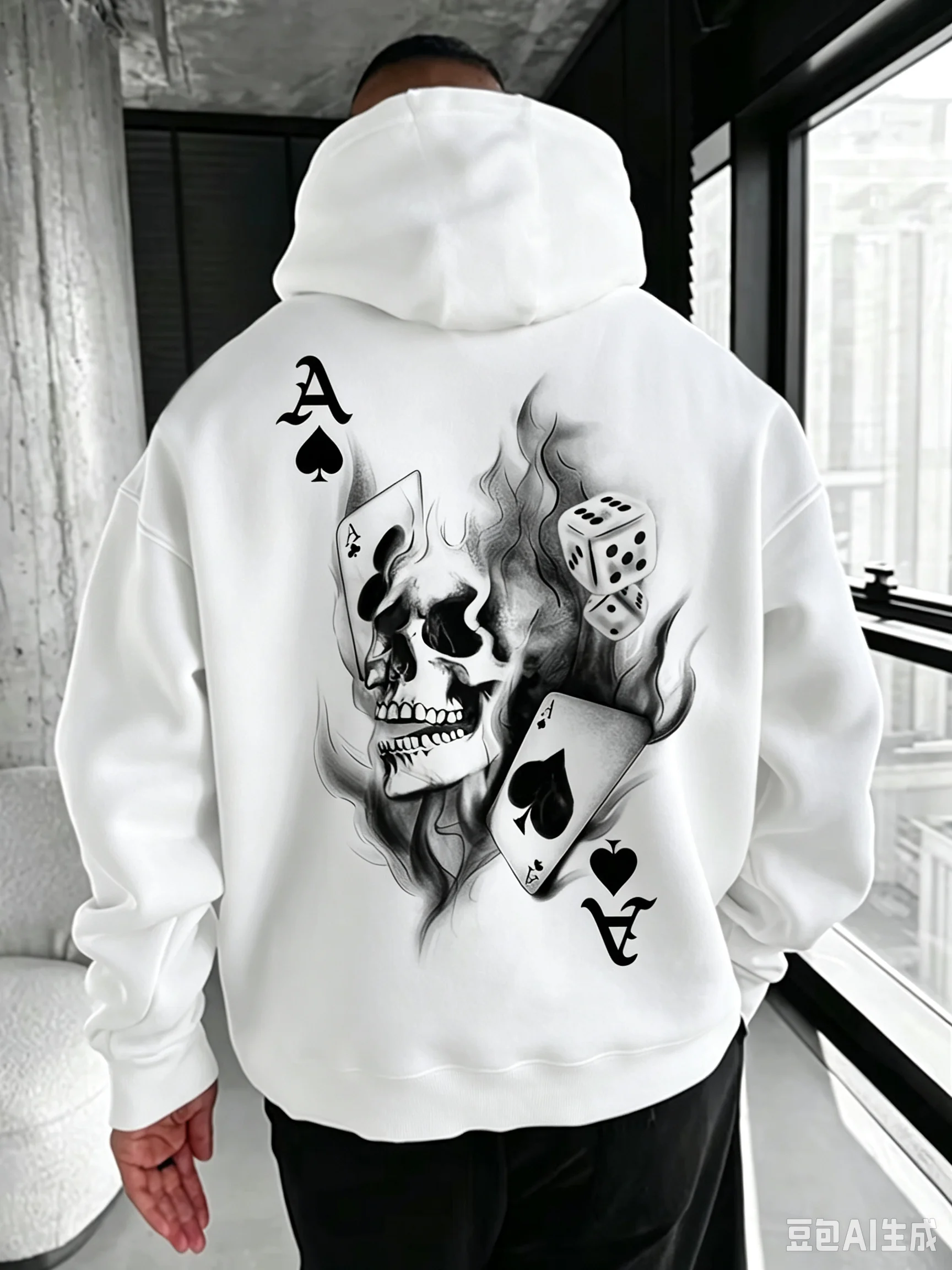 Fall/Winter Men's Flame Ace Black Playing Card Hoodie with Skull Dice Print for Streetwear, Casual Loose Fitted Hoodie Top