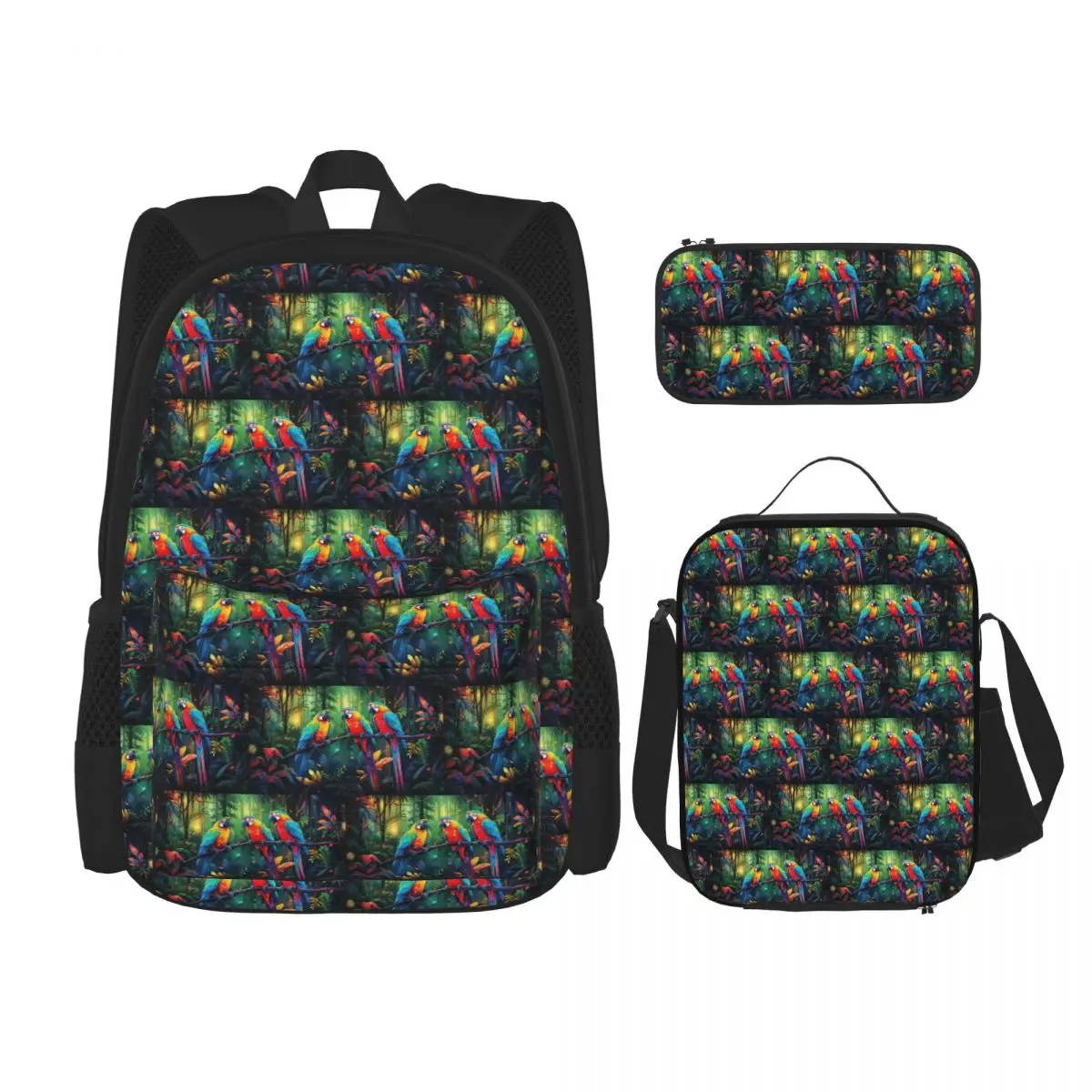 Vibrant Parrot And Forest Tropical Foliage Backpacks Students Bookbag School Bags Rucksack Lunch Bag Pen Bag Three-Piece Set
