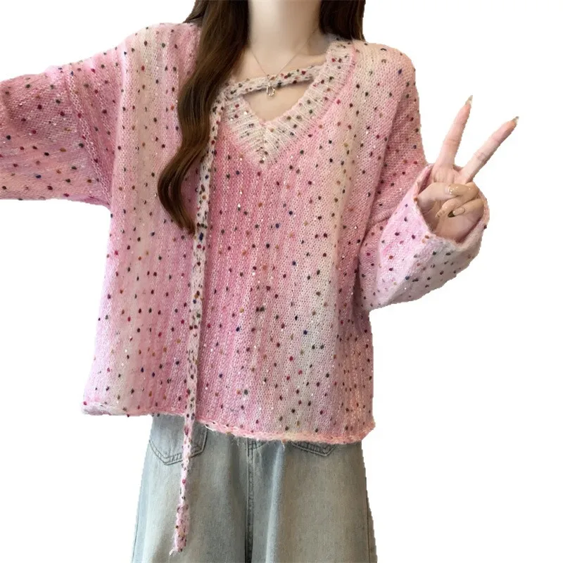 الكورية مطرز الملونة البولكا نقطة المرقعة لينة بريق سترة للنساء الخريف موضة جديدة أنيقة طويلة الأكمام البلوز الأعلى