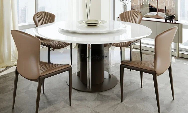 

LMicrocrystalline stone dining table Small apartment round with turntable Modern simple round table