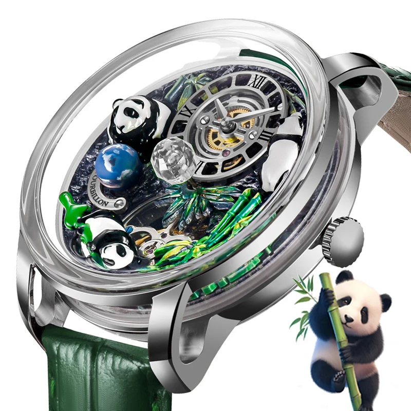 

2025 PINDU New Panda Series National Treasure Symbol Men Mechanical Watch Rotating Crystal Ball 45.5MM Wristwatches Men M2791B