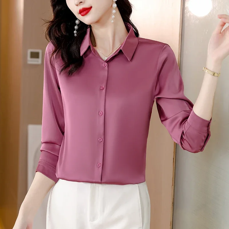 Spring New Shirts for Women Satin Long Sleeve Blouse Office Lady Fashion Shirts Silk Women Shirt OL Elegant Blouses Ladies Tops