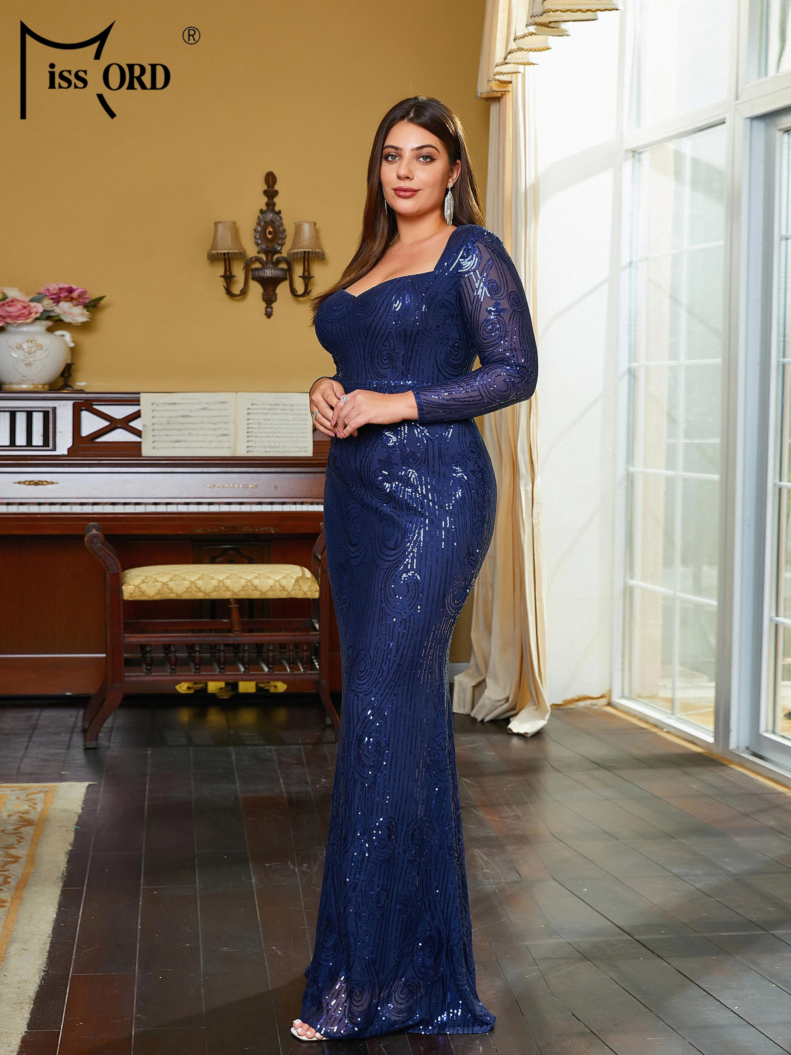 Missord Plus Size Blue Sweetheart Mermaid Long Sleeve Sequin Prom Party Evening Dress Formal Occasion Dresses