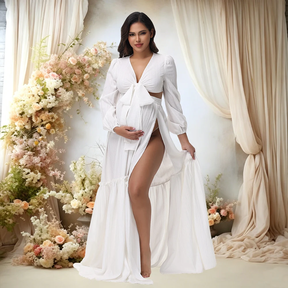 マタニティ写真撮影衣装-v-ネック長袖セクシーなラップトップサイドスリットロングスカートセット妊婦ベビーシャワー用