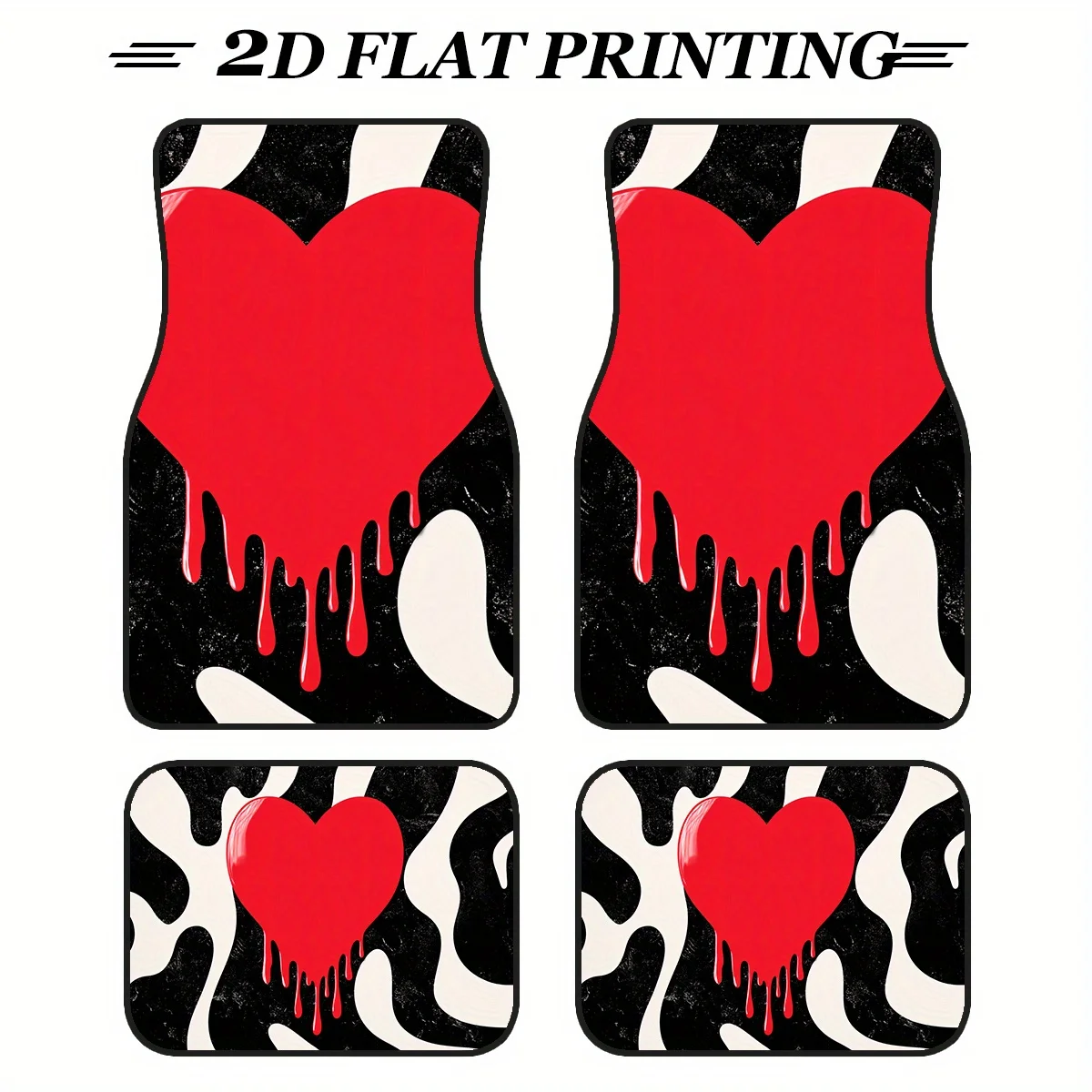 

4pcs -Slip Polyester All-Weather Car Mats - Black & White Blood Drop Heart Design, Perfect For Sedans And SUVs, Interior Decorat