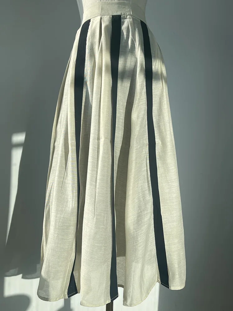 Casual Linen Fiber Striped Contrast Color A-line Skirts High Quality High-waist Vintage Long Skirt Spring/Summer Women Clothing