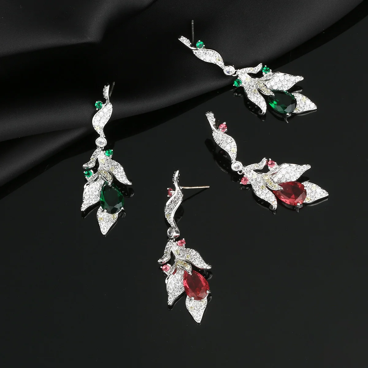 

925 Silver Luxury Leaf Gemstone Long Drop Earrings for Women, Sterling Silver Plated CZ Dangle Earrings, Party Jewelry