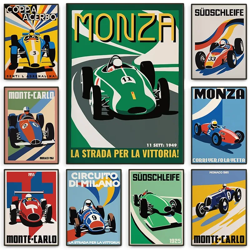 Póster de carreras de Monza Vintage, arte de pared de coche, pintura en lienzo coleccionable de Gran Premio Italiano, arte clásico de carrera de automovilismo, decoración del hogar para habitación