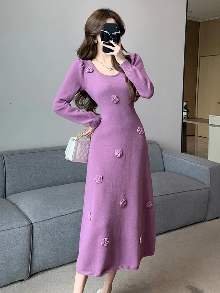 Women Clothes Elegant Knitted Long Dress Ladies Sweet Sweater Stretchy Hook Flower Maxi Robe Holiday Party Mujer Vestidos Spring