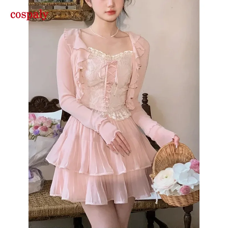 ロリータレースミニスカート3点セット,ヴィンテージボウ,シフォンスカート,韓国風トップス,夏