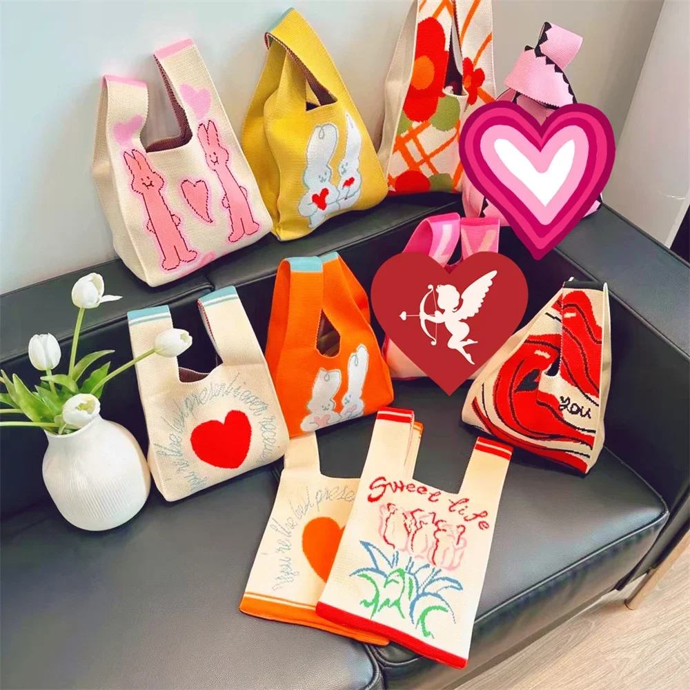 

1pc Flower Animal Design Knitted Bag Student Handbag Girl Casual Shoulder Handbag Women Retro Wrist Bag Knitted Wool Tote Bag
