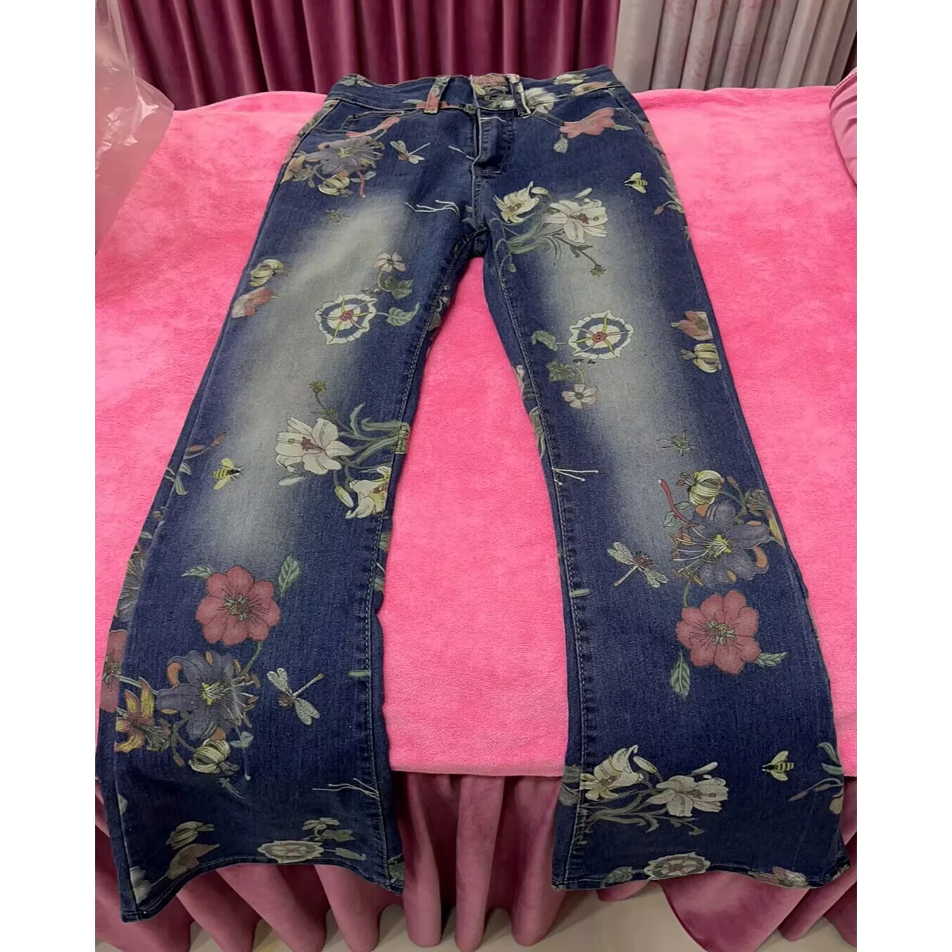 Spring Autumn Korean Print Women Jeans High Waist Stretch Denim Flare Pants Fashion Female Cotton Cowboy Wide Leg Trousers Blue